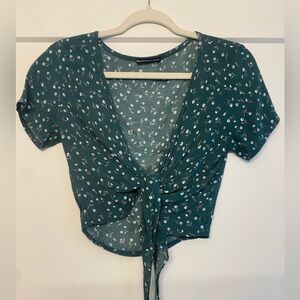 Brandy Melville Teal Floral Tie-Front Crop Top